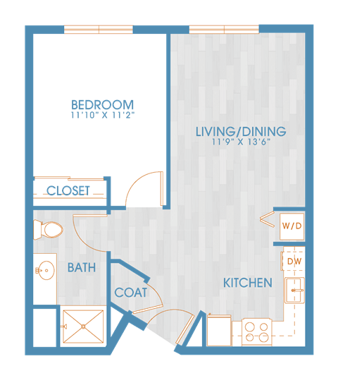 Floor plan for 1 bed, 1 bath, 594 sqft